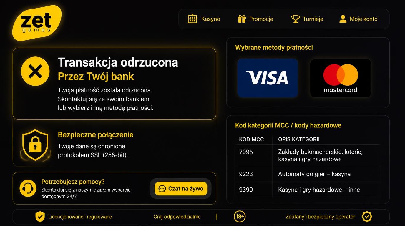 Karty Visa/Mastercard, bank odrzuca transakcję, ikona bezpieczeństwa SSL