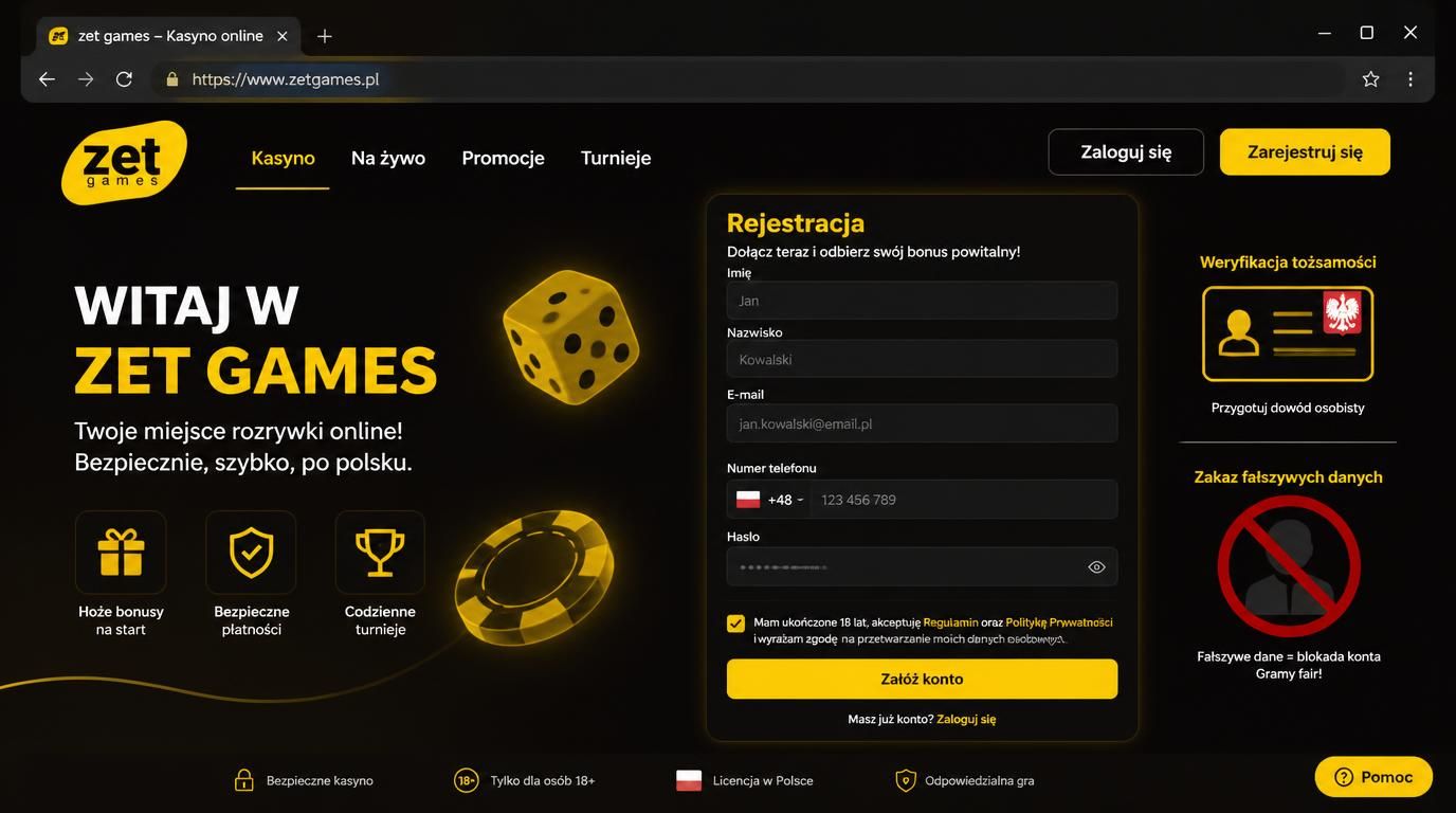 formularz rejestracji ze smartfonem pokazującym polskie dane osobowe, symbol dowodu z zakreśloną błędną informacją